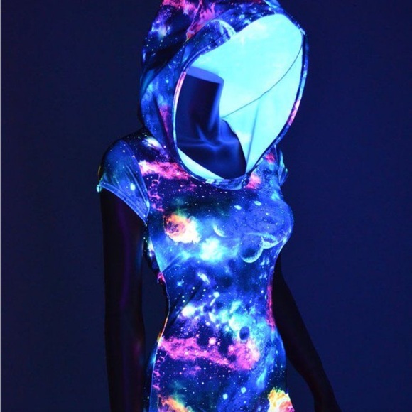 UV Glow Galaxy Print Hoodie Romper with Alien Printed Rave/Festival Fan - Picture 1 of 8